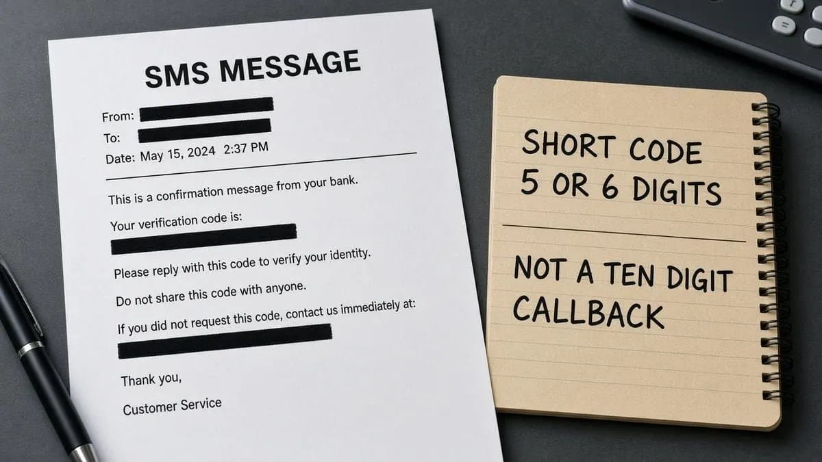 Printed SMS with phone numbers redacted beside a note that real Chase uses short codes