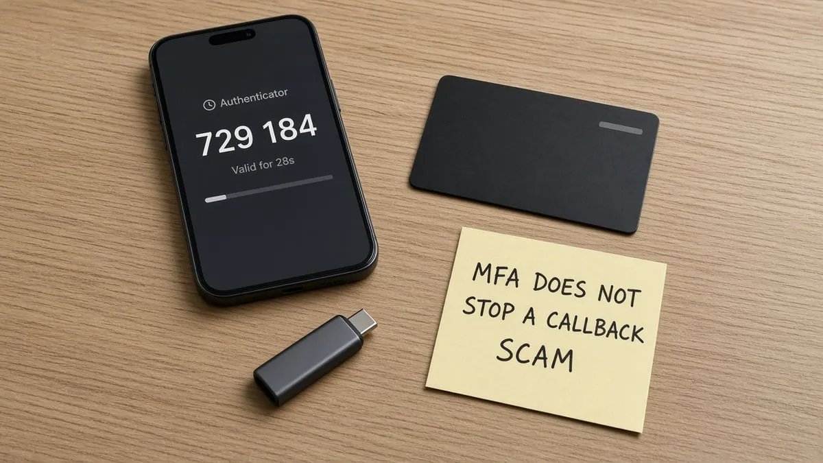 Hardware security key and phone authenticator beside a face-down debit card