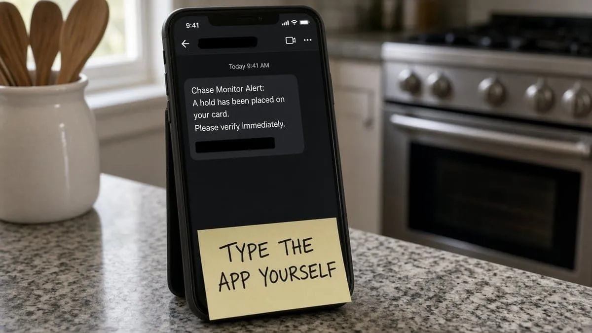 Smartphone showing a redacted Chase card-hold text with a sticky note that says type the app yourself