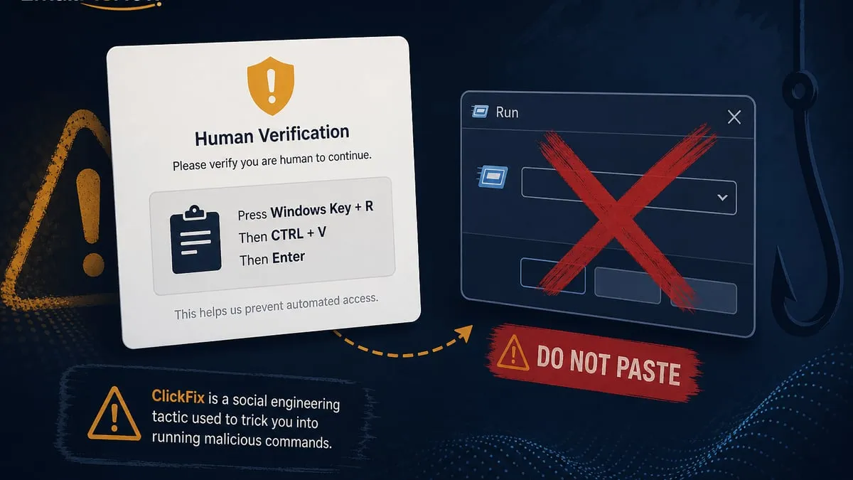 Fake human-verification card pointing at a Windows Run dialog stamped do not paste