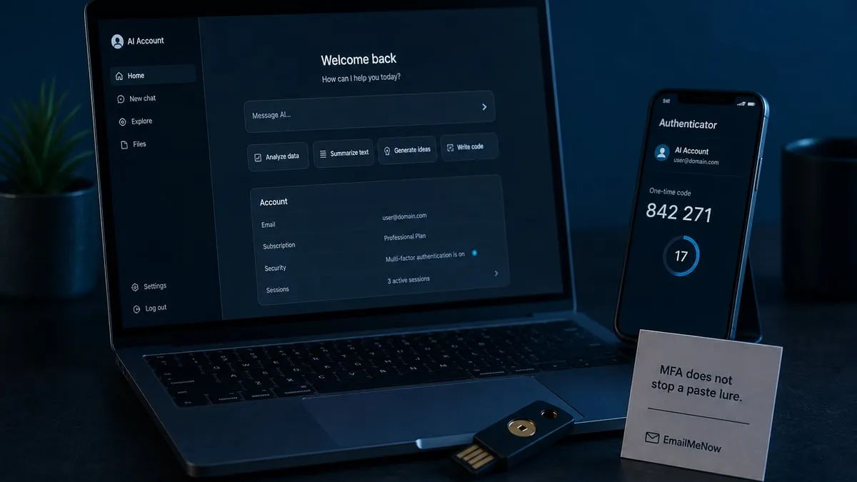 Hardware security key and phone authenticator beside a laptop; a card notes MFA does not stop a paste lure