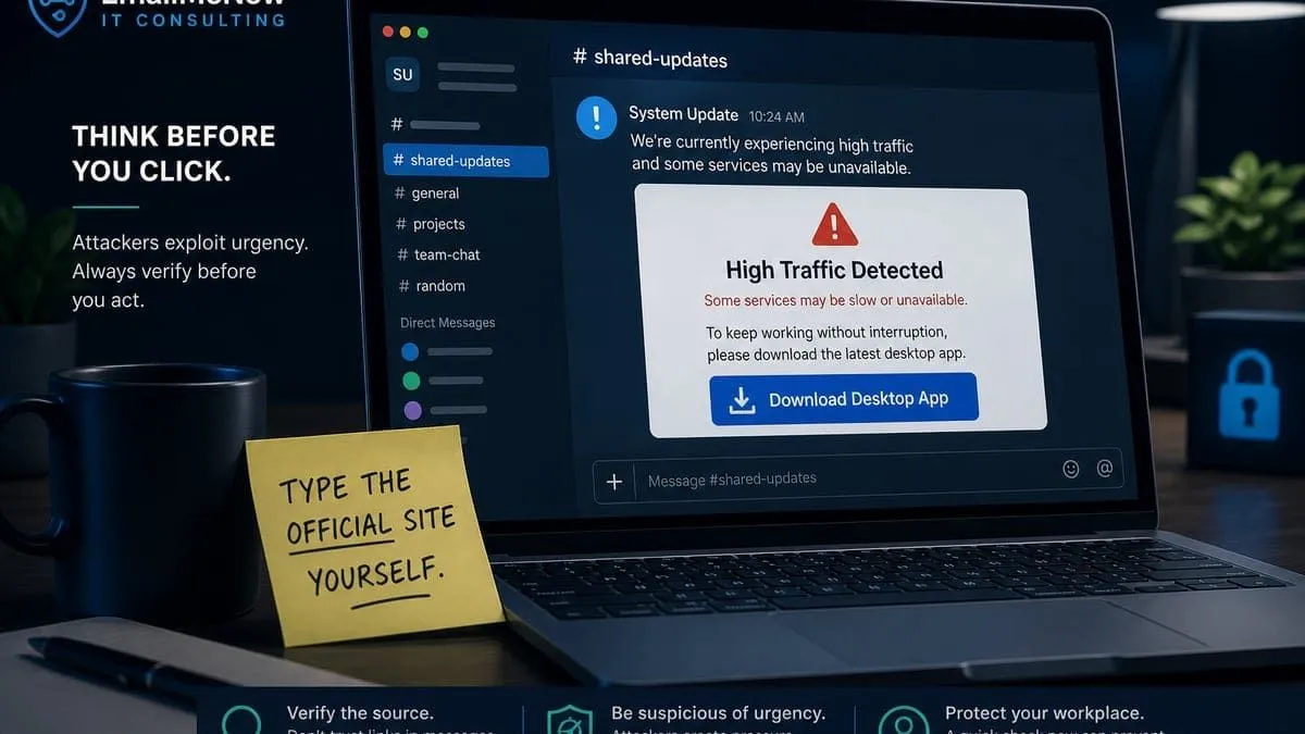 Laptop showing a fake high-traffic notice and Download Desktop App button, with a sticky note that says type the official site yourself