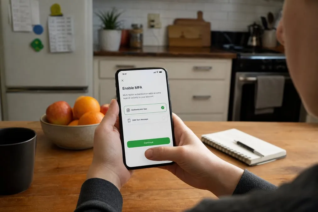 Person enabling multi-factor authentication on a rewards app after account compromise