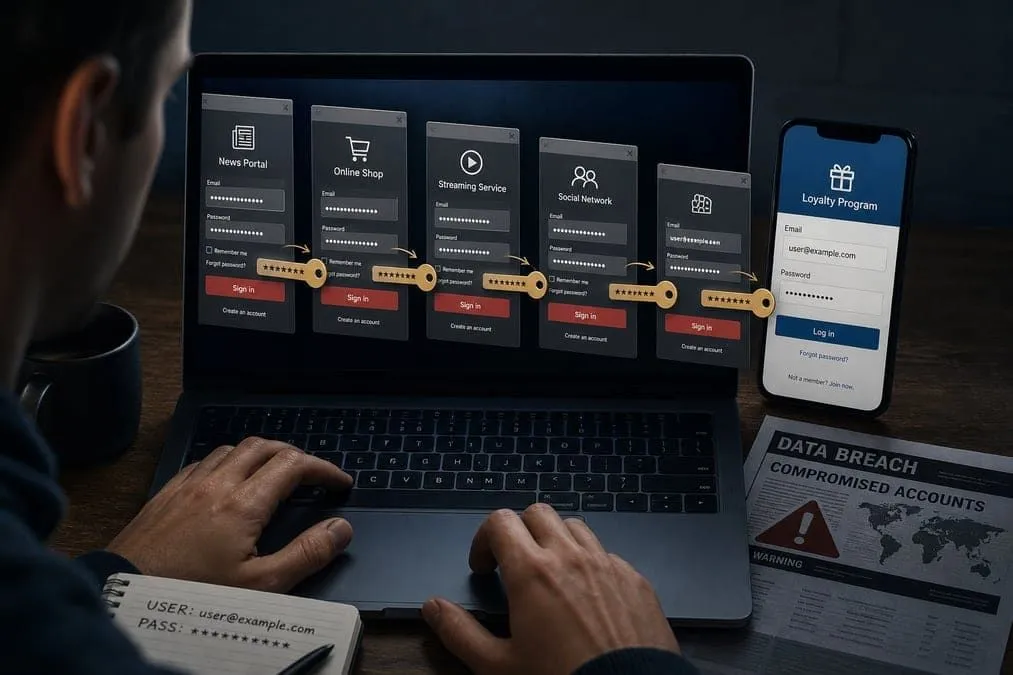 Illustration of reused passwords unlocking a loyalty account after other site breaches