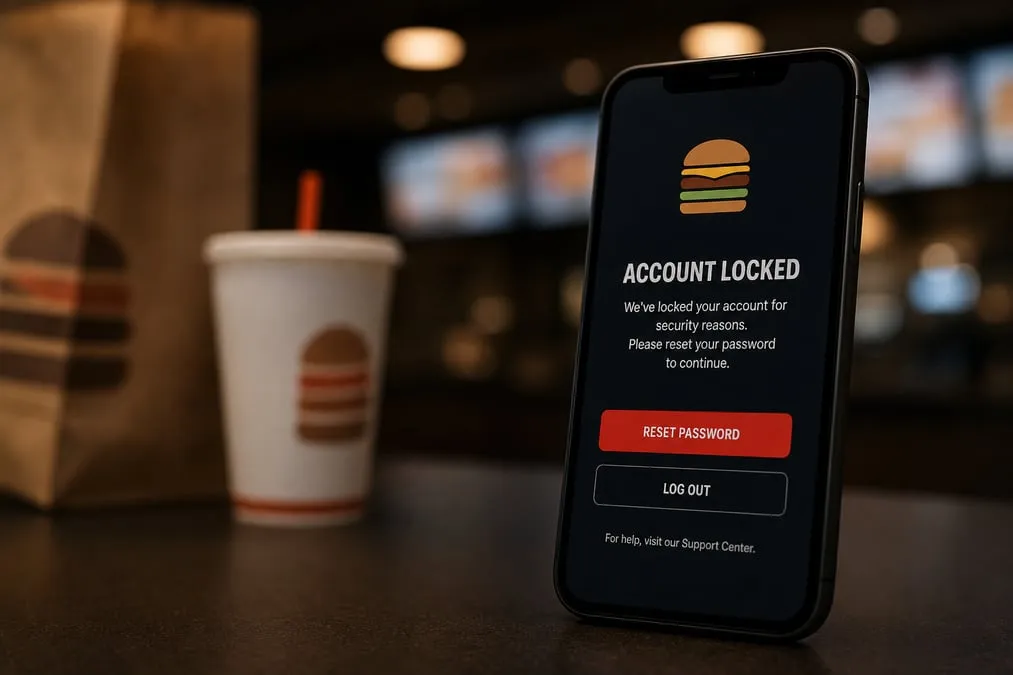 Loyalty app on a phone showing an account lock and password reset after credential stuffing