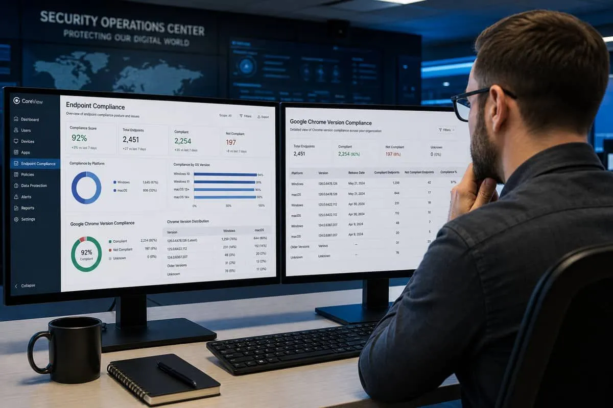 Illustration: IT administrator reviewing Chrome version compliance dashboard across Windows and Mac endpoints
