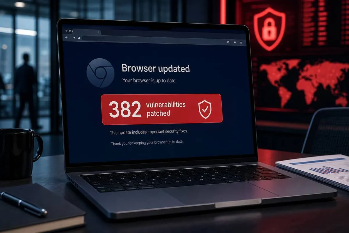 Illustration: Chrome browser update prompt on a corporate laptop with critical vulnerability counter overlay
