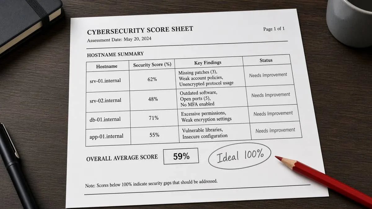Printed domain-audit scores well below the 100 percent ideal