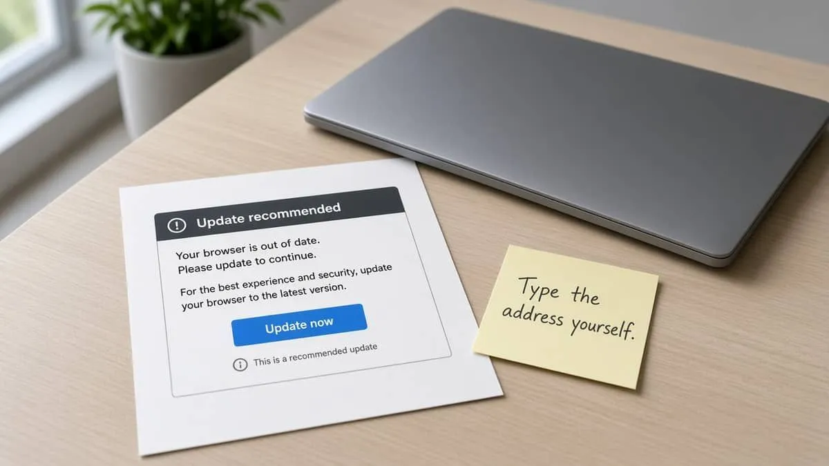 Printed fake update prompt beside a note to type the address yourself