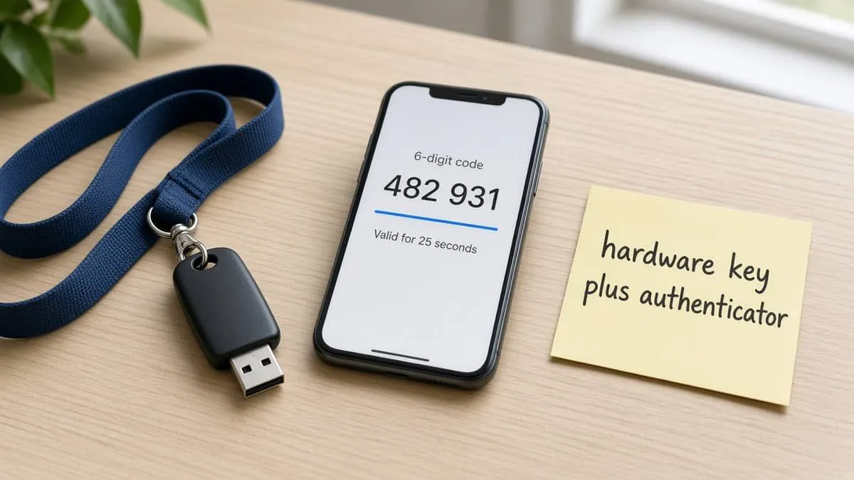 Hardware security key beside an authenticator phone
