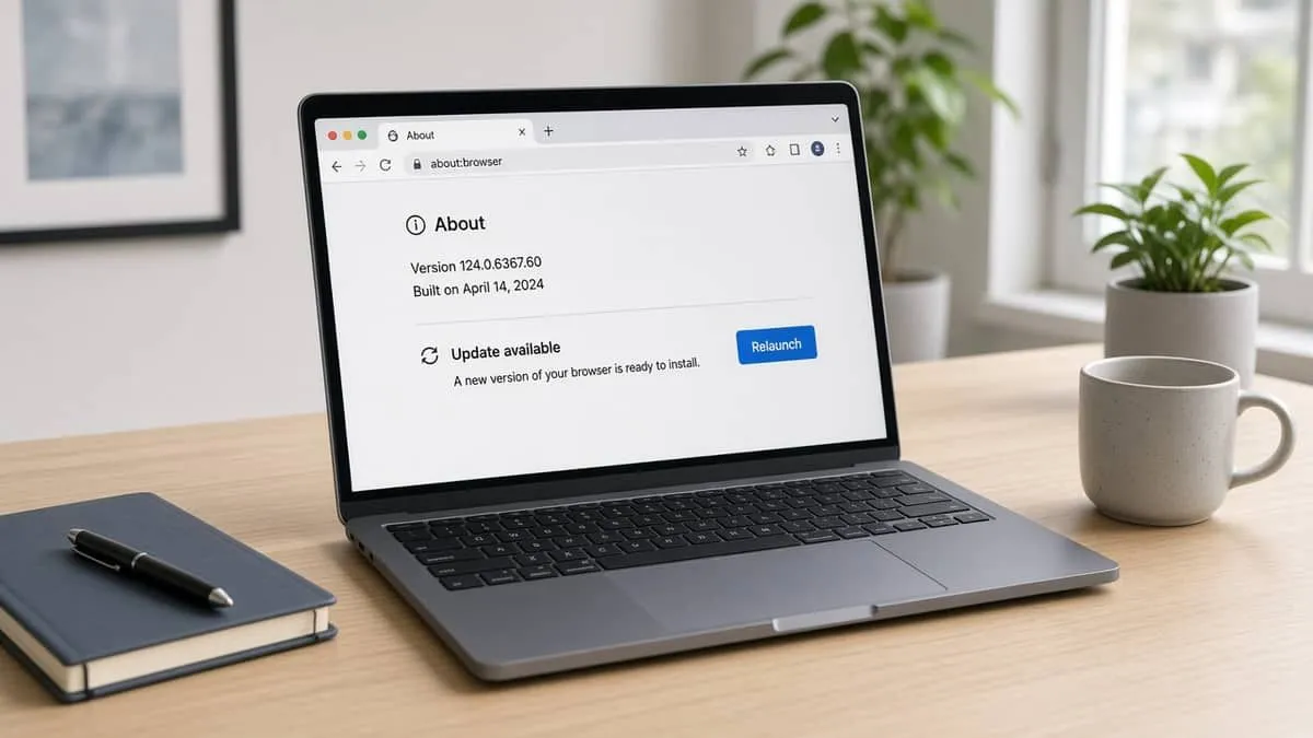 Laptop showing a generic browser About window with an update available and a Relaunch prompt