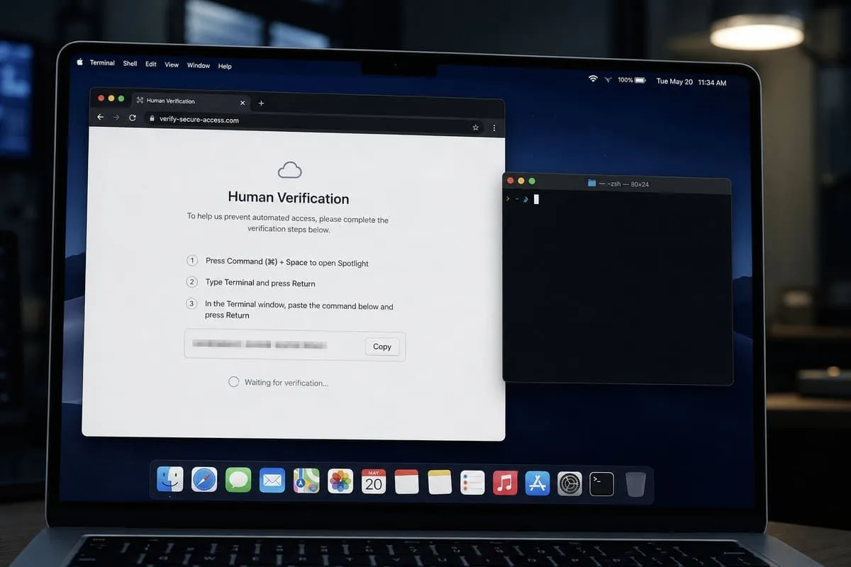 Illustration of a ClickFix page telling a Mac user to paste a command into Terminal