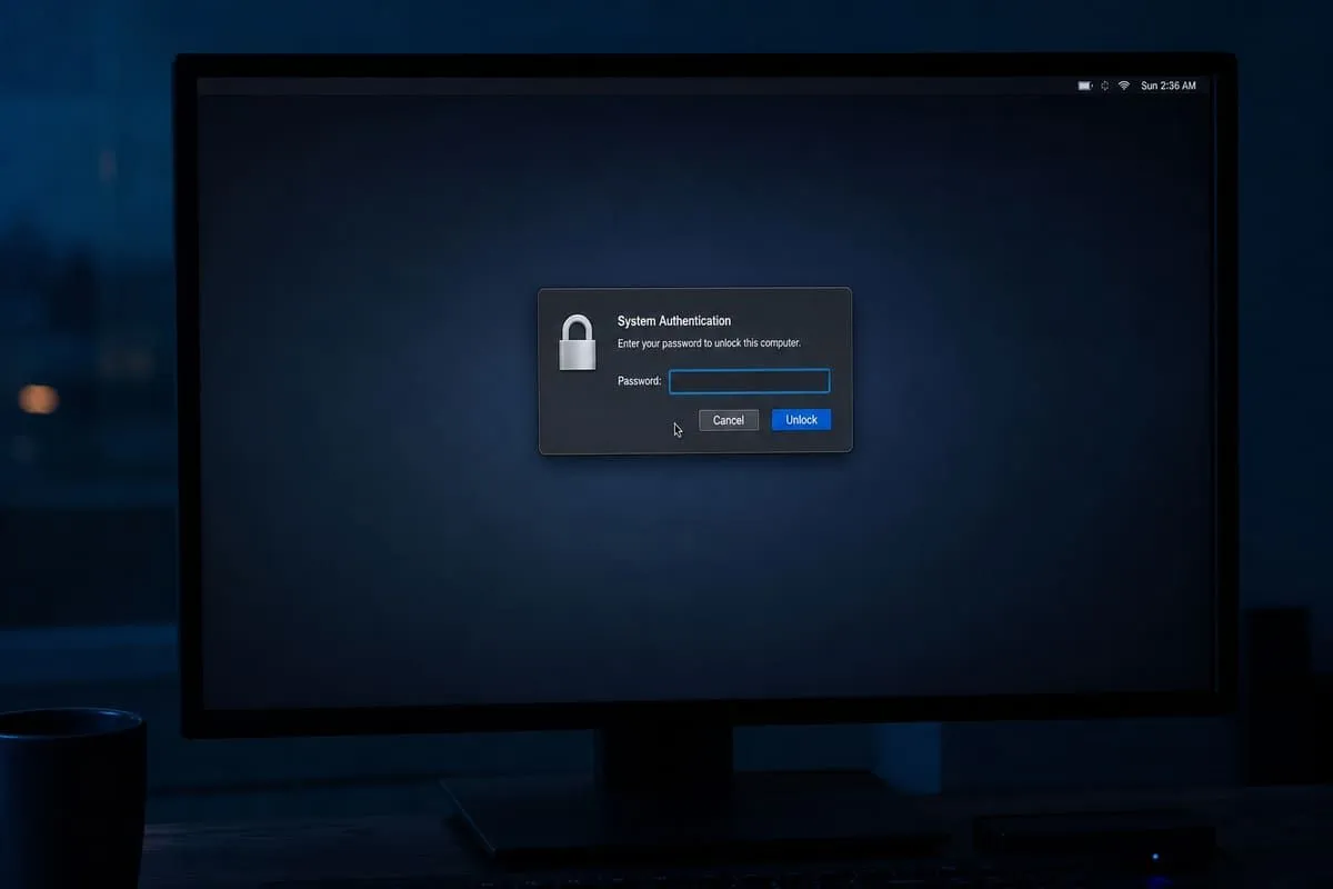 Illustration of apps closing on a Mac while only a password dialog remains usable