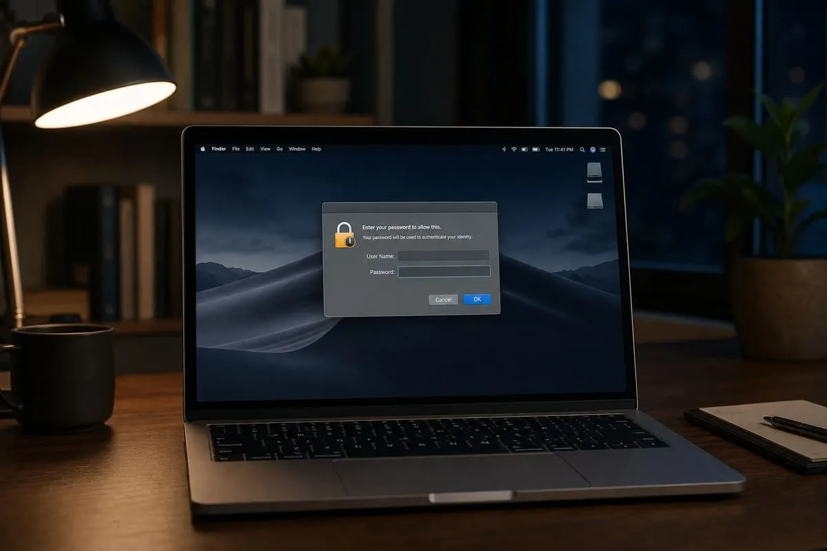 Mac desktop frozen by malware with a fake password prompt filling the screen