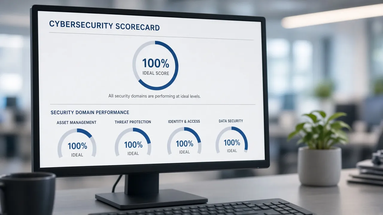 Printed cybersecurity scorecard with four meters below a 100 percent ideal