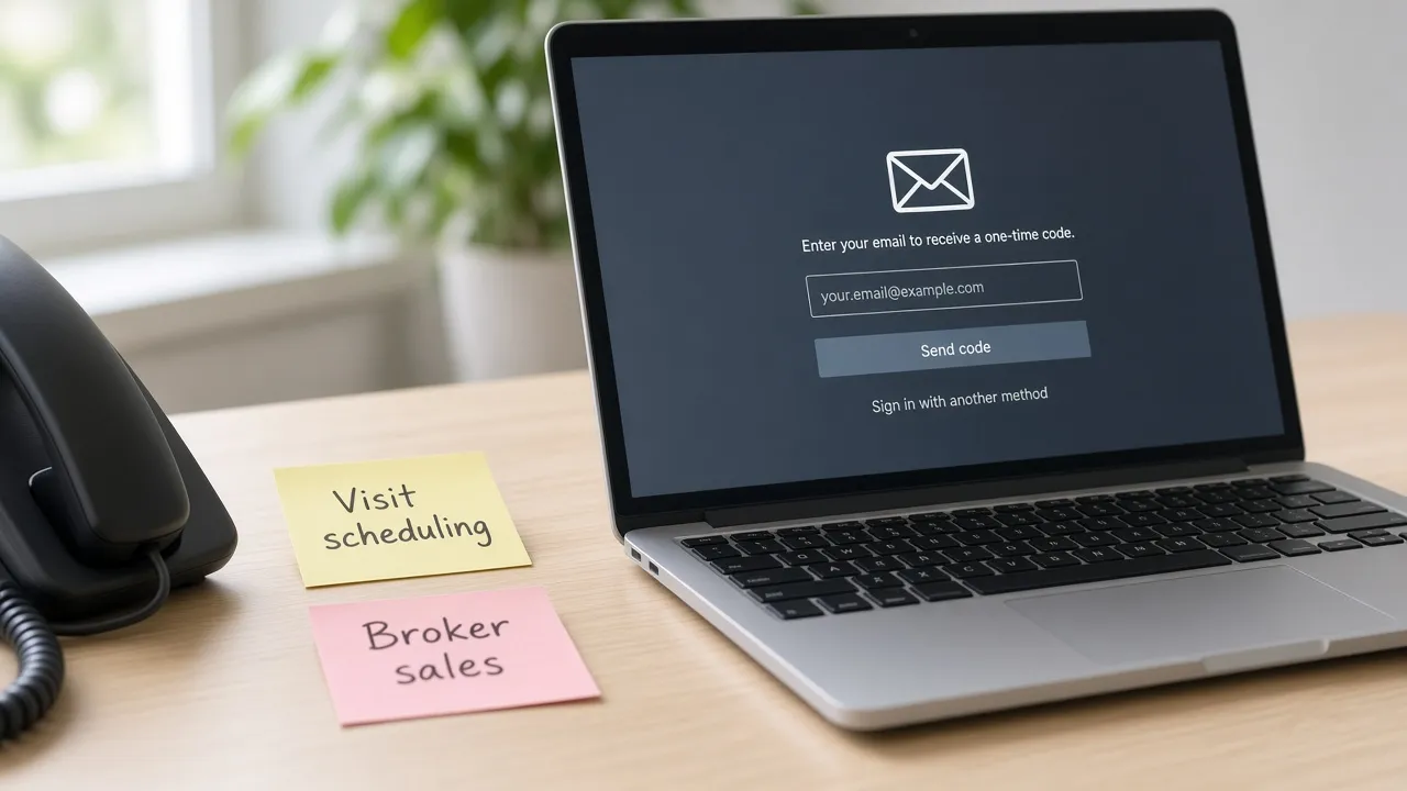 Desk notes for visit scheduling and broker sales beside a laptop email one-time-code prompt