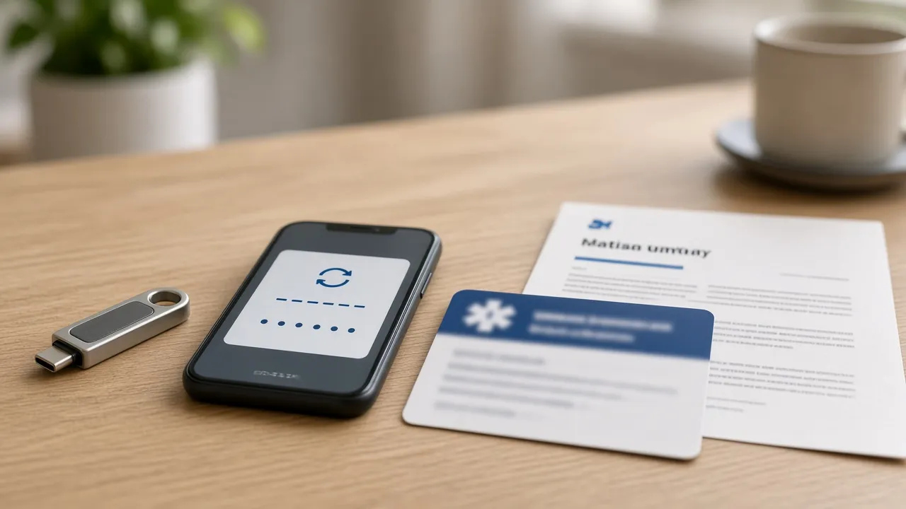 Hardware security key and phone authenticator beside a blurred insurance card