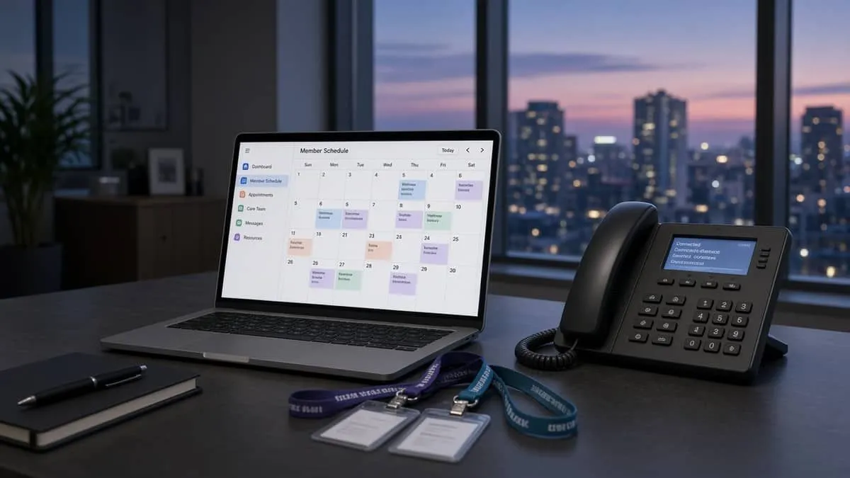 Health-plan desk with a laptop calendar, an off-hook phone, and three employee badge lanyards