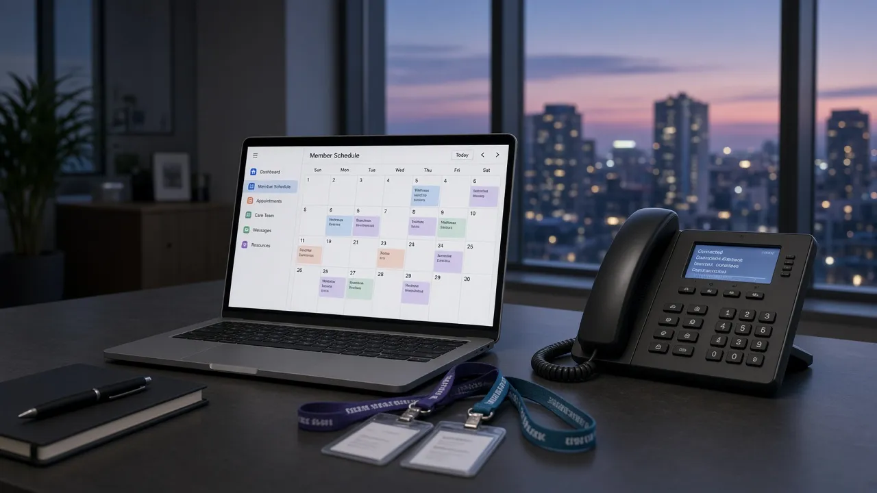 Health-plan desk with a laptop calendar, an off-hook phone, and three employee badge lanyards
