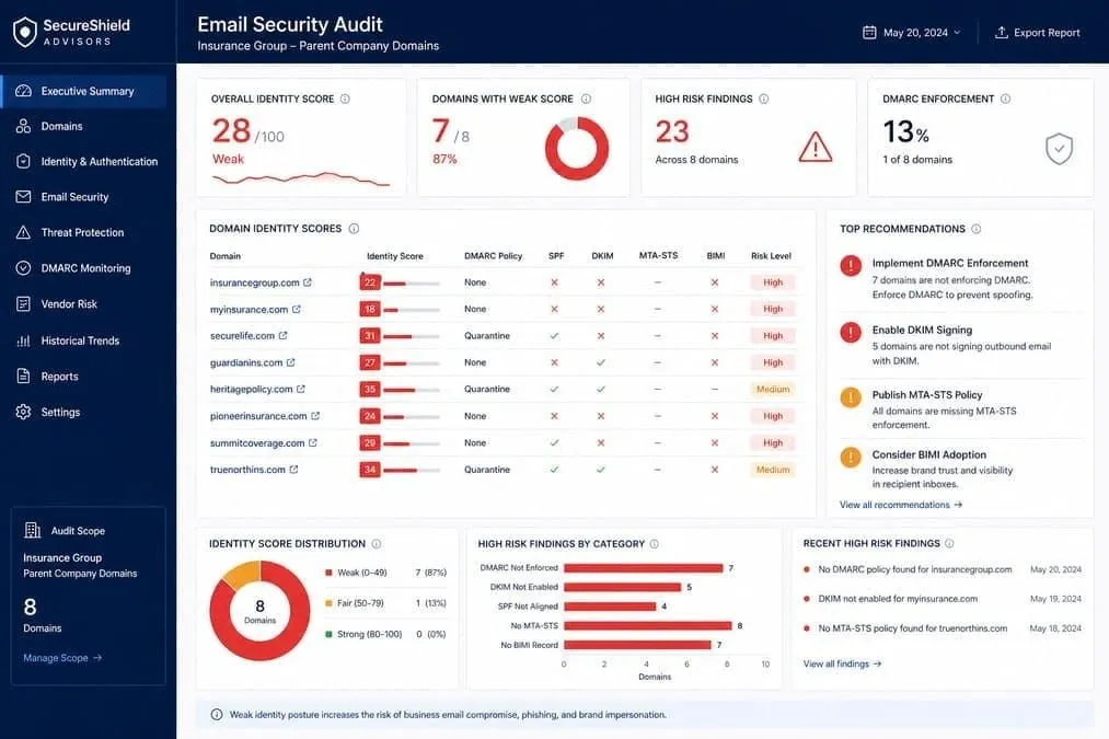 Illustration: cnoinc.com and bankerslife.com email security audits showing identity weaknesses after vishing breach