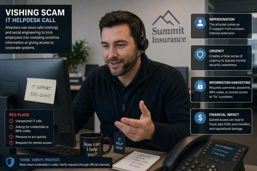 Illustration: insurance employee targeted by vishing call impersonating internal IT service desk