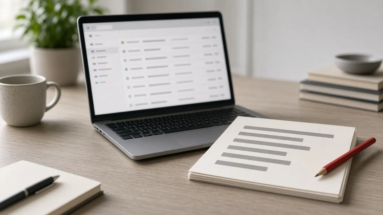 Laptop with a blurred inbox beside a page of gray bars and a red pencil