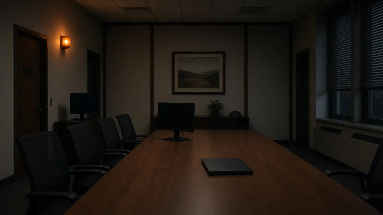 Empty conference room with dark monitors, a closed laptop, and one amber wall light