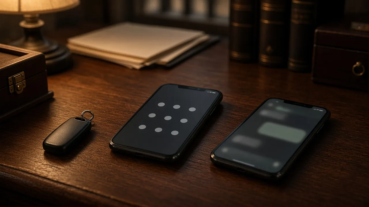 Hardware security key beside a phone with a dot grid and a phone with a blurred message