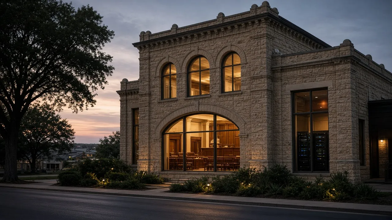 Limestone courthouse at dusk with an empty courtroom and a side room of server racks