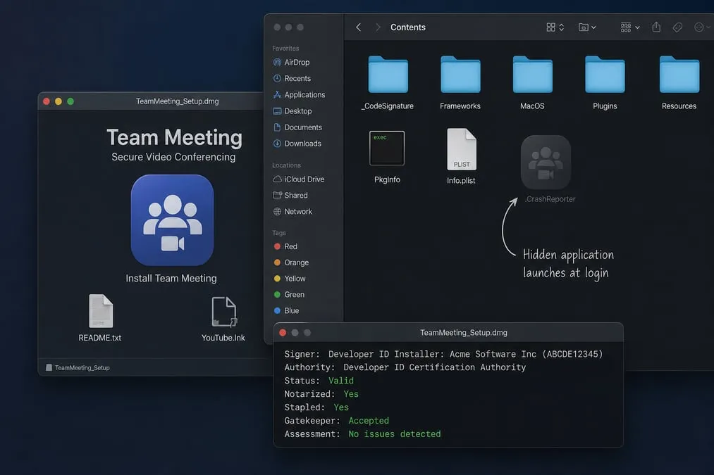 Notarized installer disk image next to a hidden CrashReporter app bundle