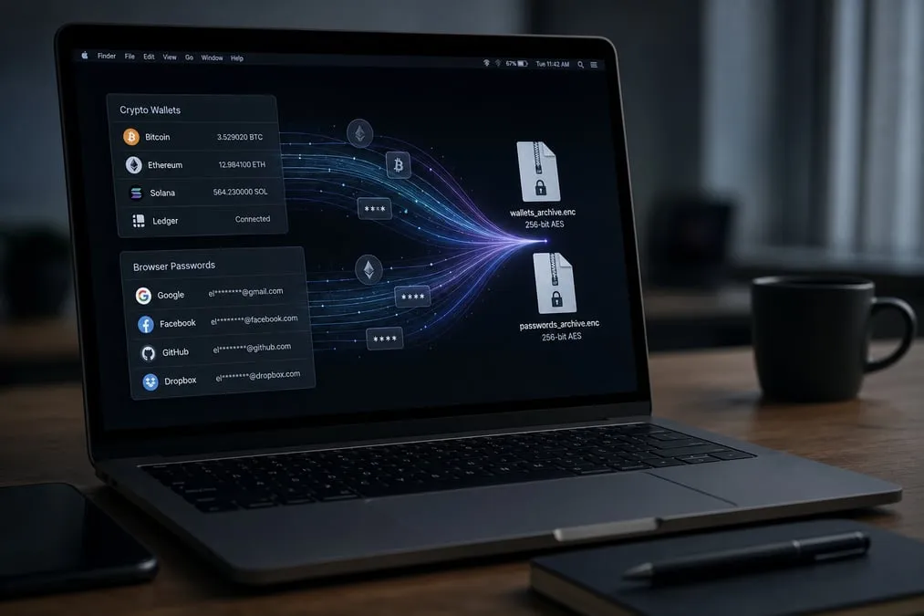 Illustration of browser and crypto wallet data being packaged from a Mac