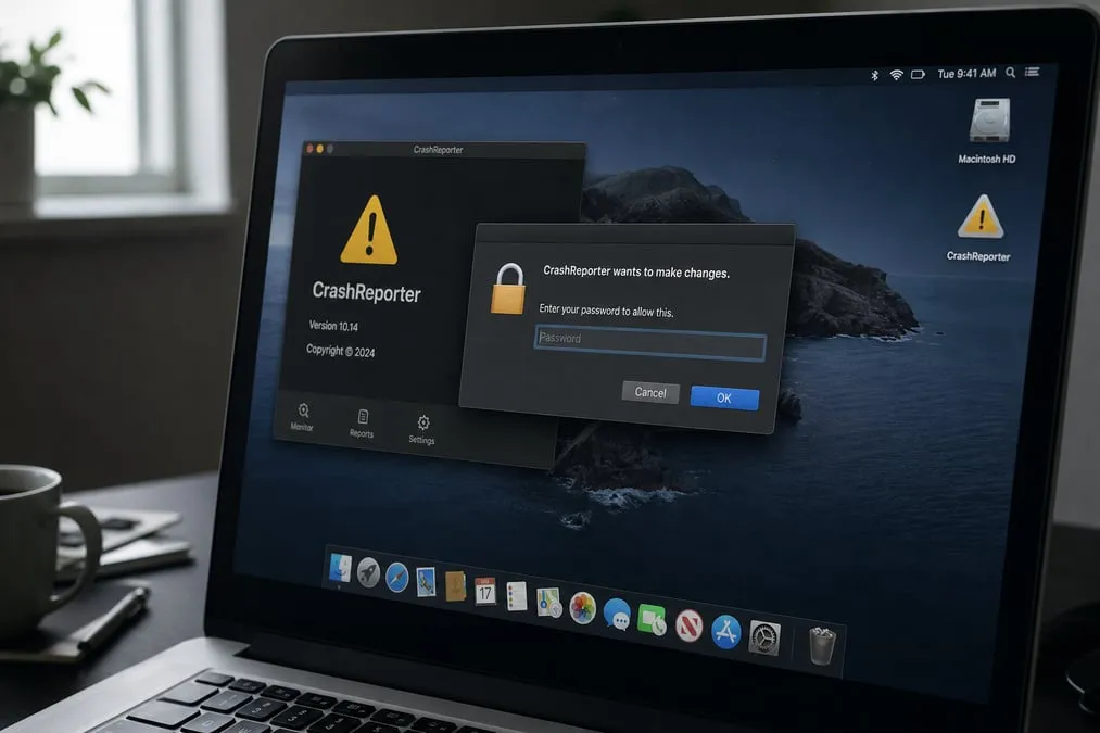 Mac desktop with a fake CrashReporter utility and suspicious password prompt