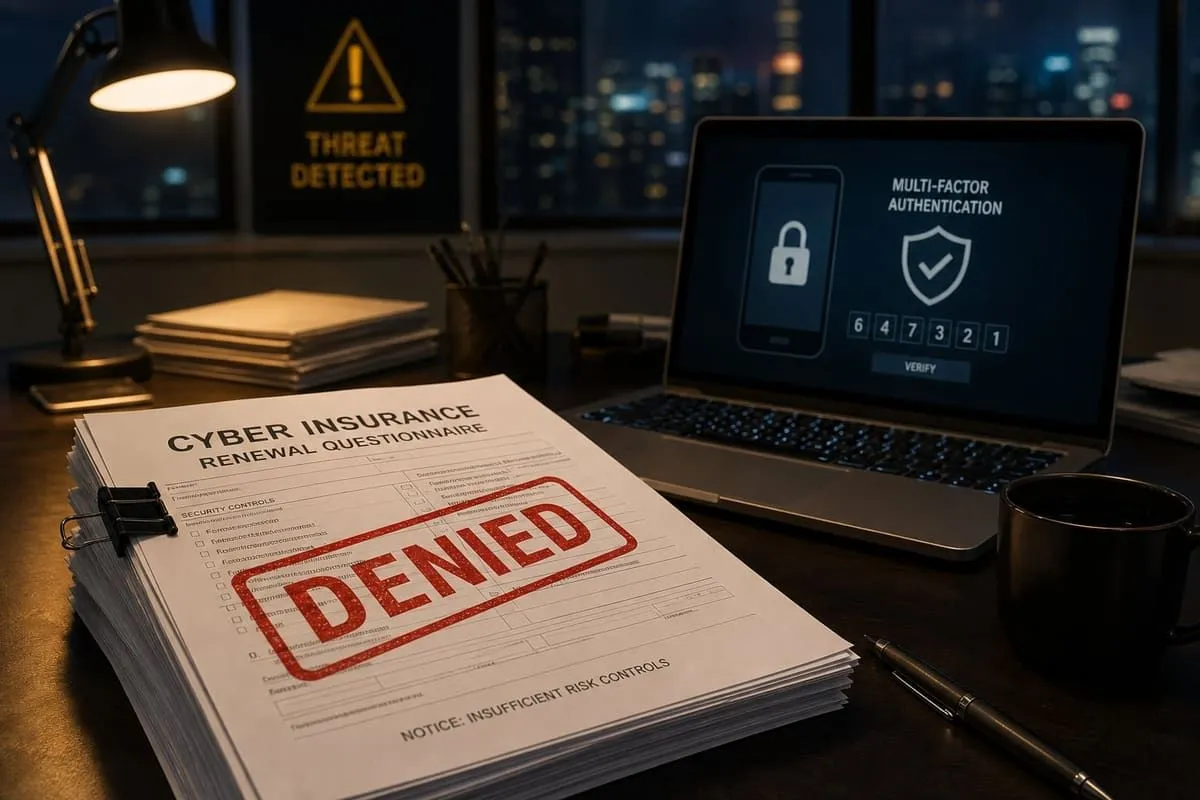 Illustration of a cyber insurance renewal questionnaire with a denied-claim risk stamp