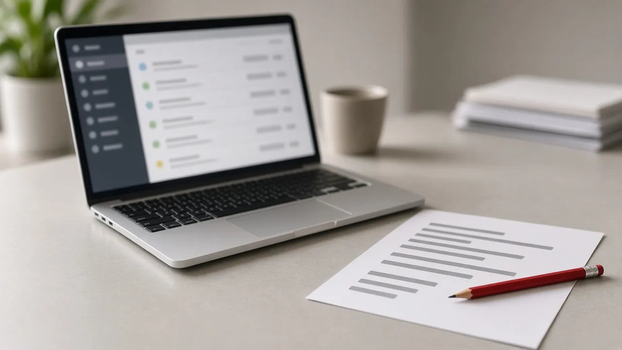 Laptop with a blurred inbox beside a page of gray bars and a red pencil