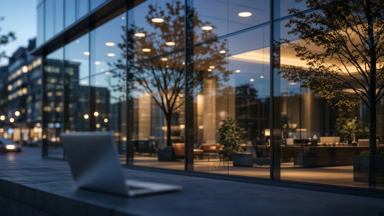 Glass office front at dusk with a closed laptop on the ledge
