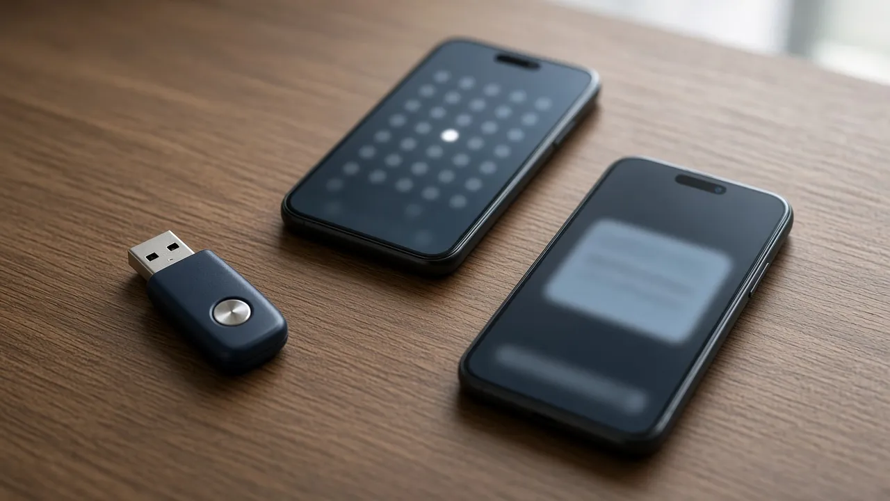 Hardware security key beside an authenticator phone and a phone with a message bubble