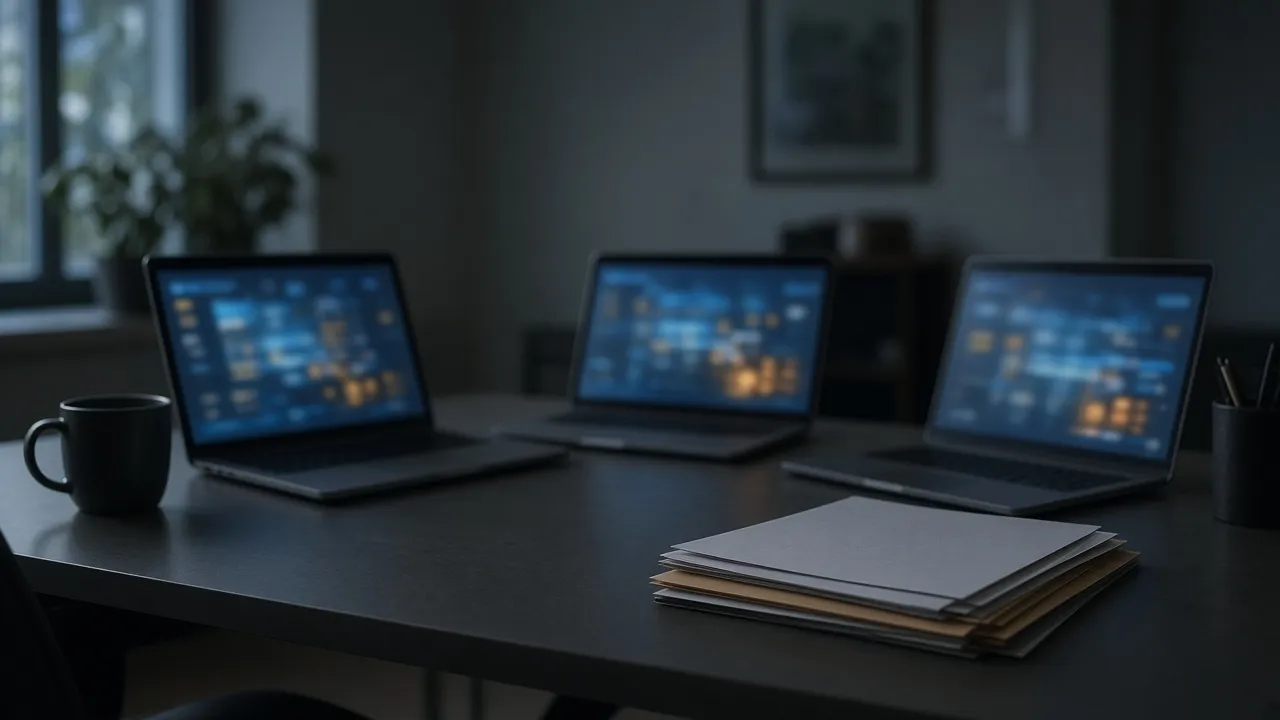Three laptops with blurred screens on a dark desk beside a stack of blank folders