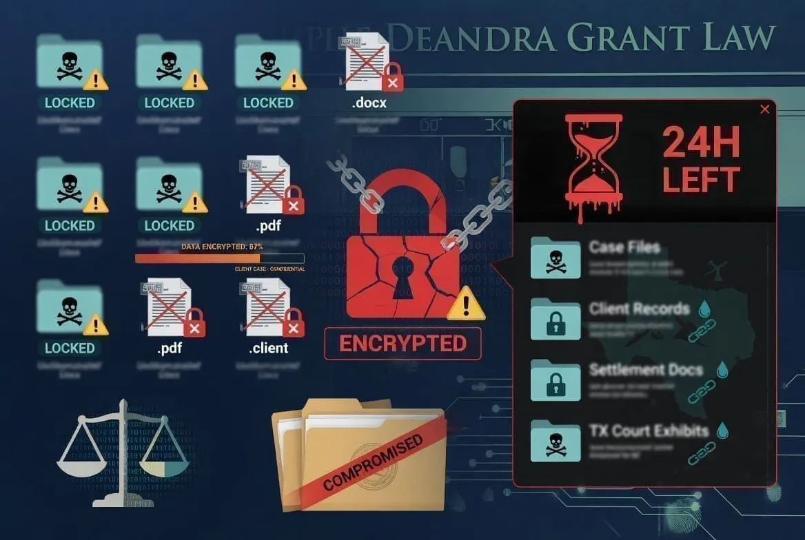 Illustration of ransomware attack targeting a Texas law firm and client data