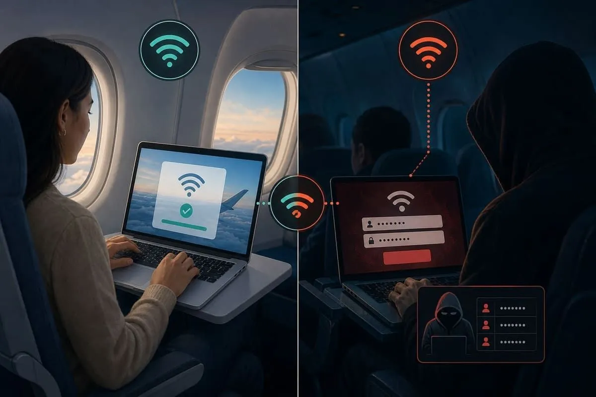 Legitimate in-flight portal contrasted with an evil-twin credential harvest