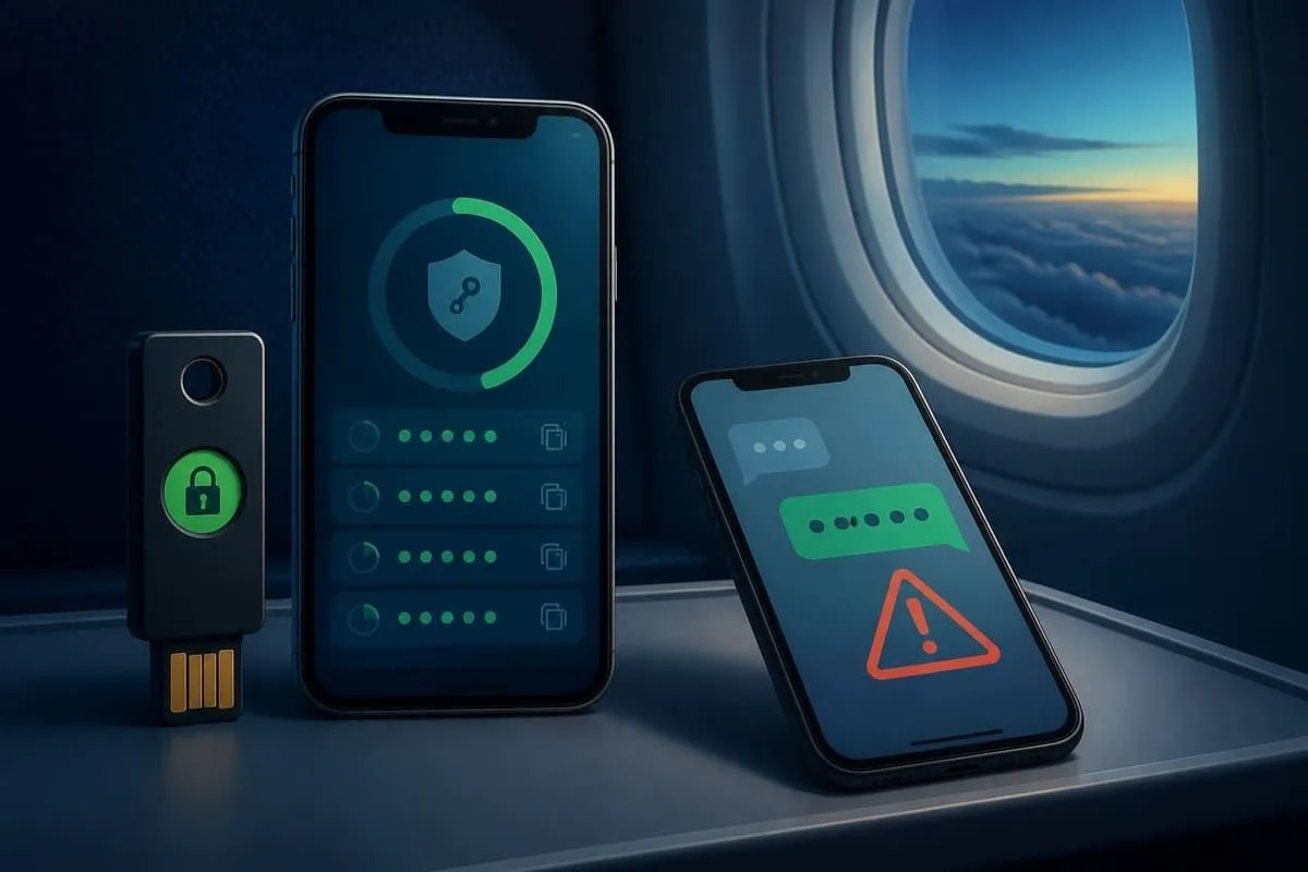 Hardware key and authenticator app beside a weak SMS OTP on a phone