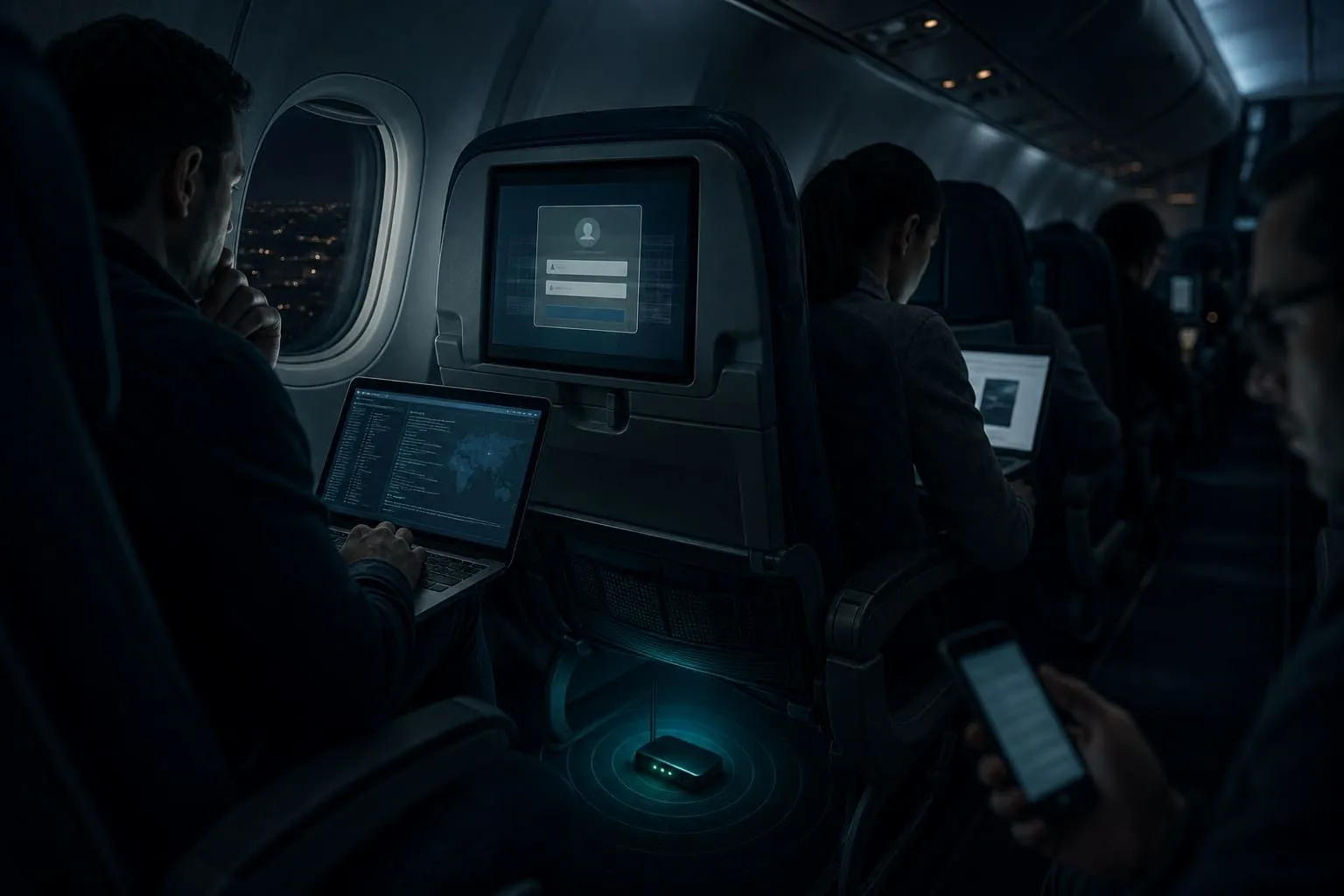 Airplane cabin at night with a rogue Wi-Fi hotspot and a fake login on a passenger laptop
