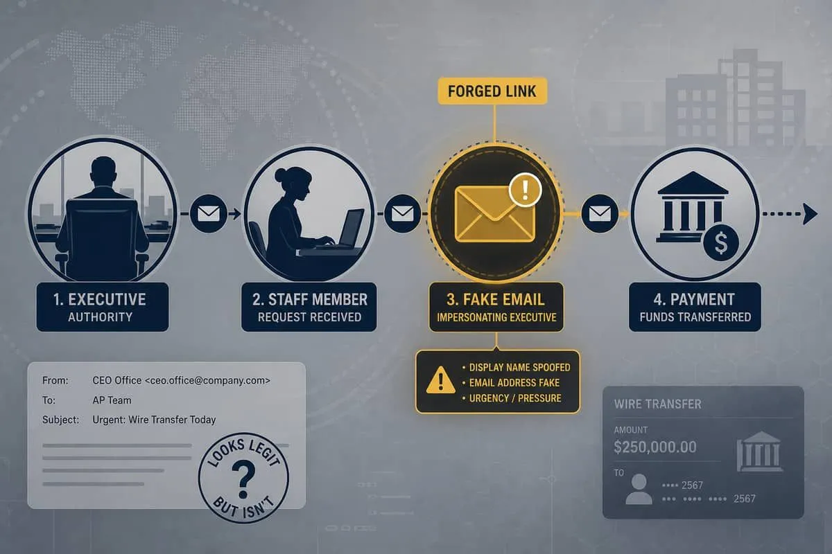 Authority chain with one forged executive-email link enabling a fraudulent payment