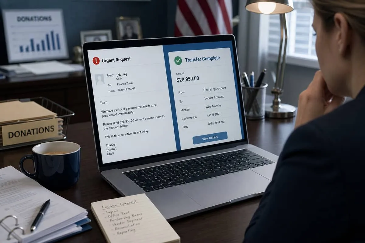 Political finance desk with a suspicious urgent payment email and bank transfer confirmation
