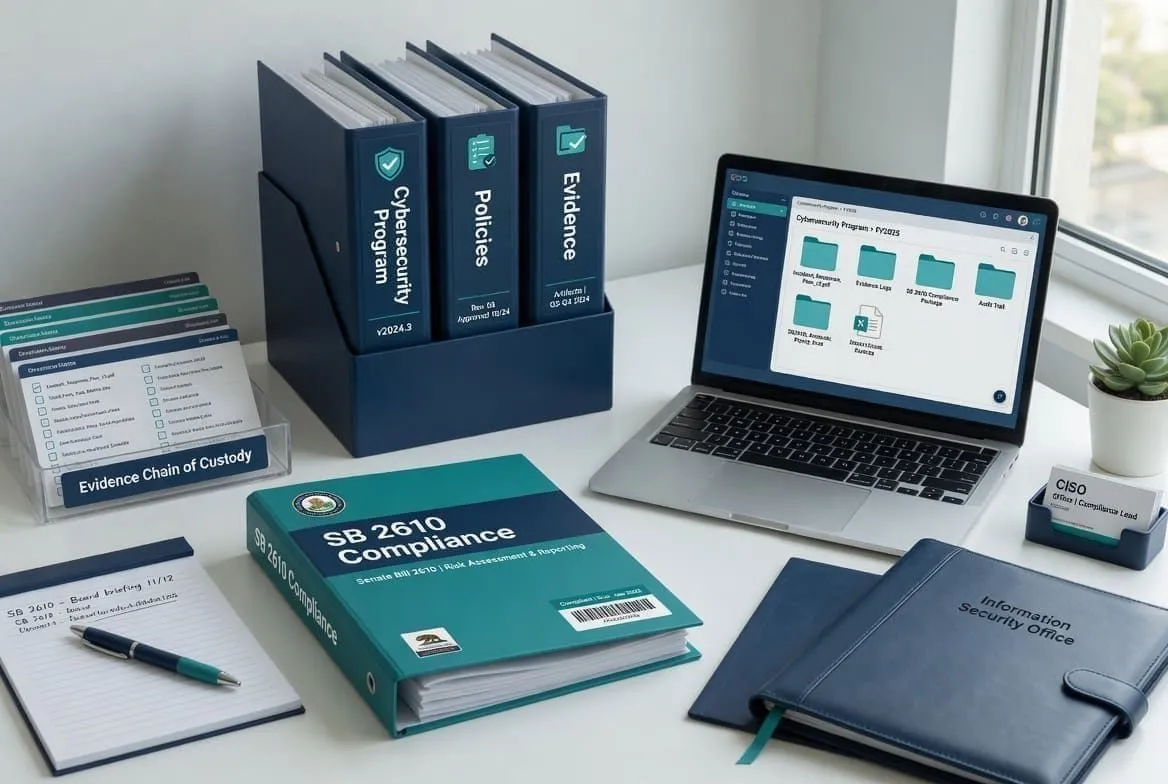 Professional desk setup with organized cybersecurity binders and compliance documents