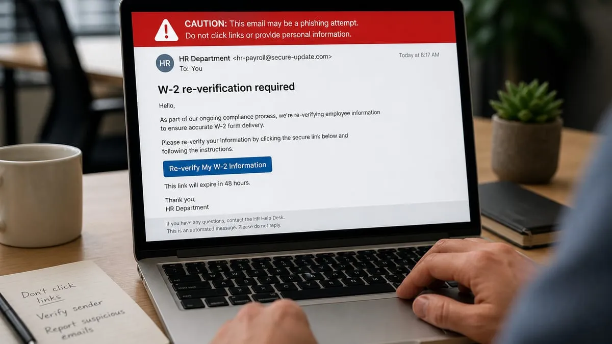 Illustration: spoofed Earthbound HR payroll phishing after breach notices