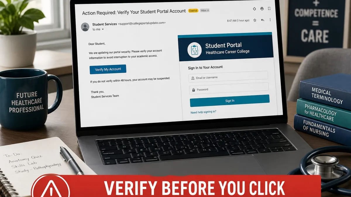 Illustration: spoofed CHCP student portal notice phishing risk after breach