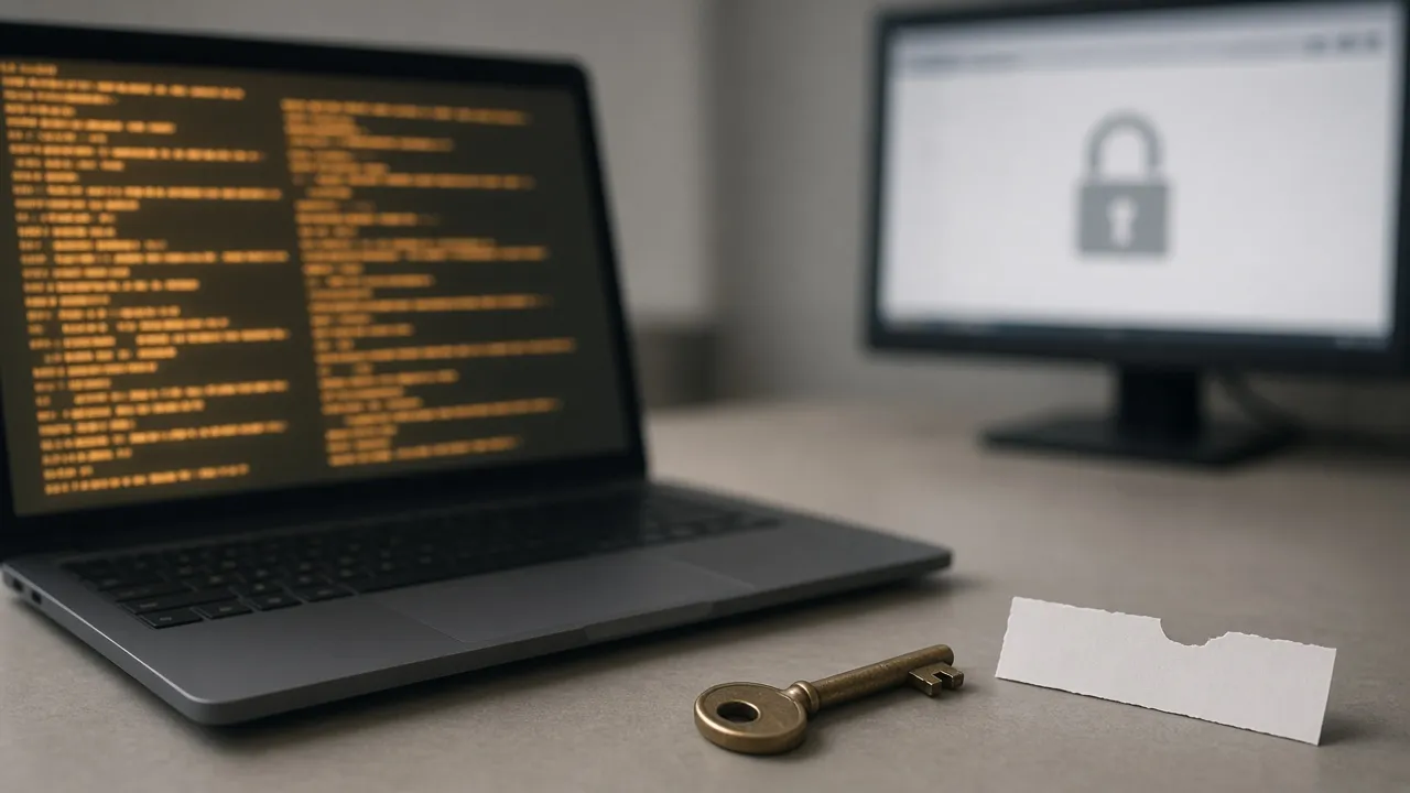 Laptop with an unreadable screen, a brass key, and a blank torn slip