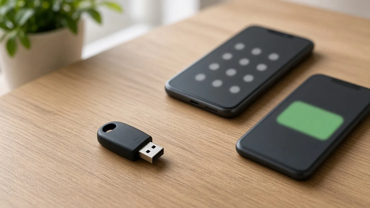 Hardware security key beside an authenticator-style phone and a phone with a message bubble