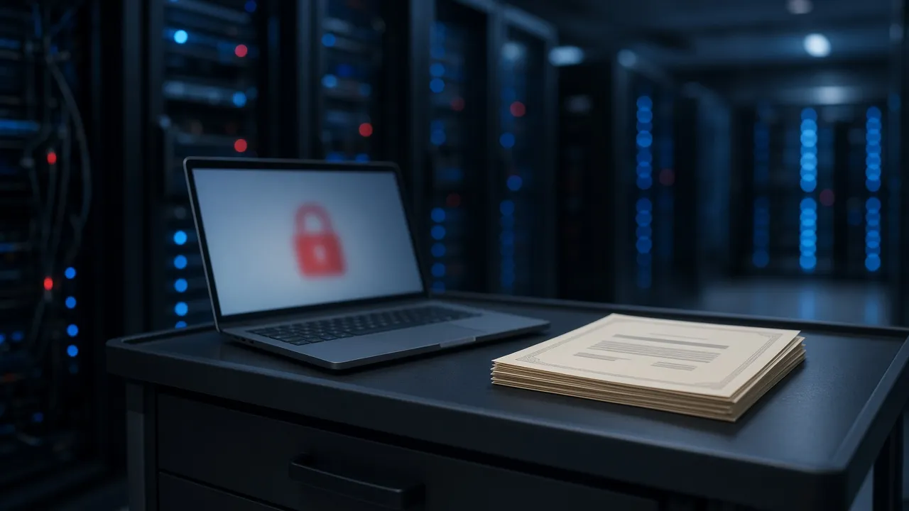 Server room with a laptop showing a blurred red lock and a stack of blank certificates