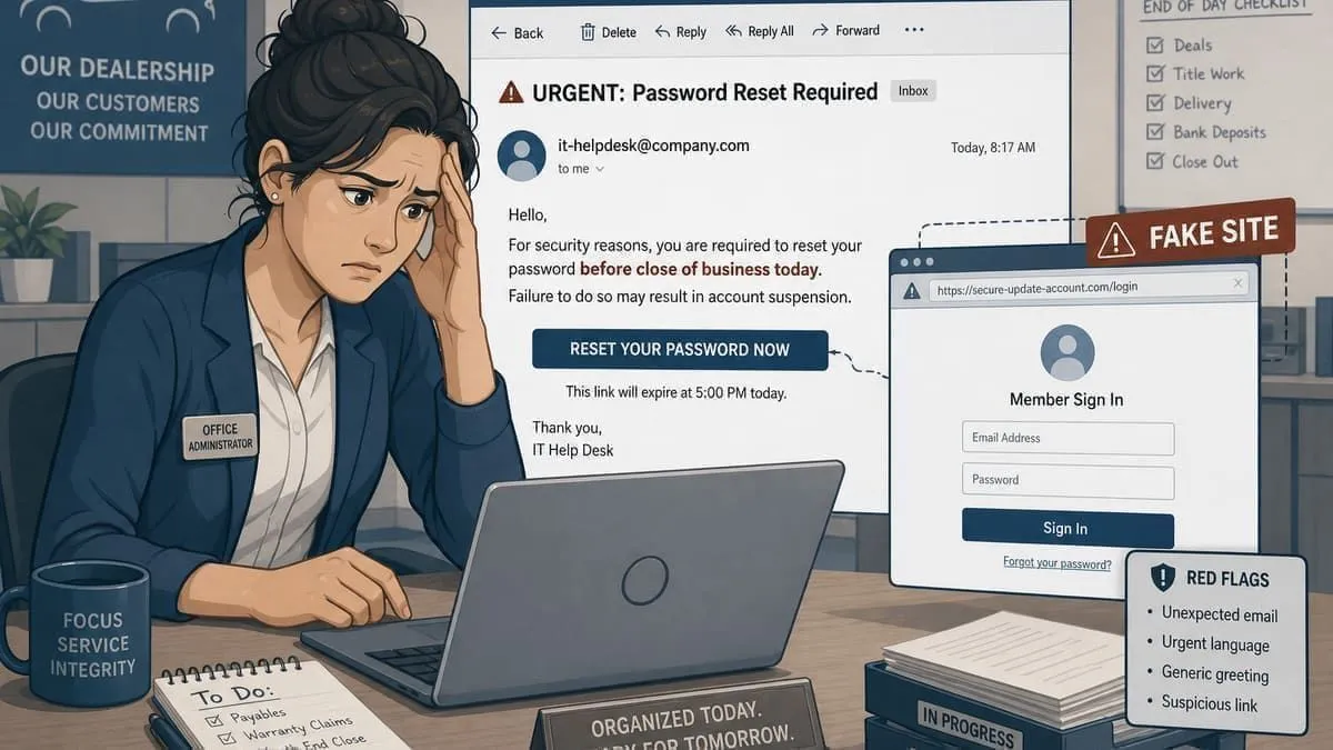 Illustration: administrator facing a fake IT password reset email